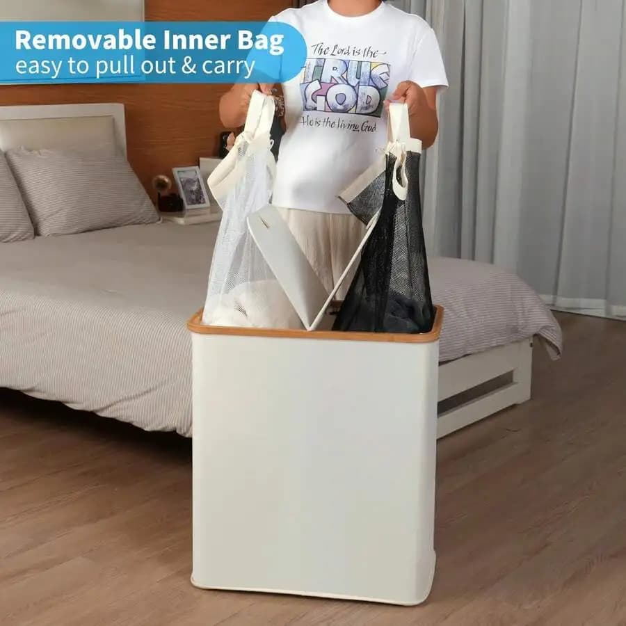 Double Laundry Hamper With 2 Removable Mesh Bags Bamboo Handle 140L For Bedroom Bathroom