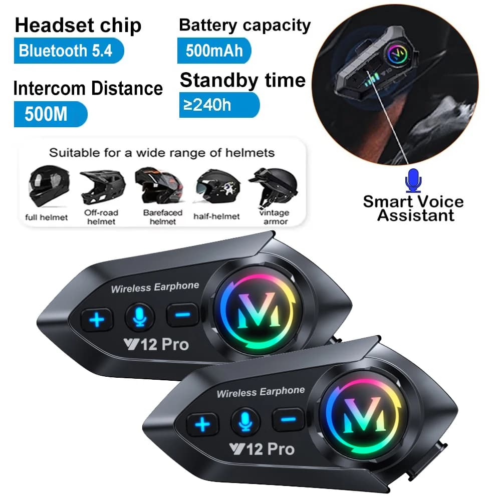 Interfono Bluetooth per Casco Moto Y12 Pro, Distanza 500M, Chiamate Wireless a Mani Libere, Impermeabile, Lettore Musicale, Altoparlante, Auricolare