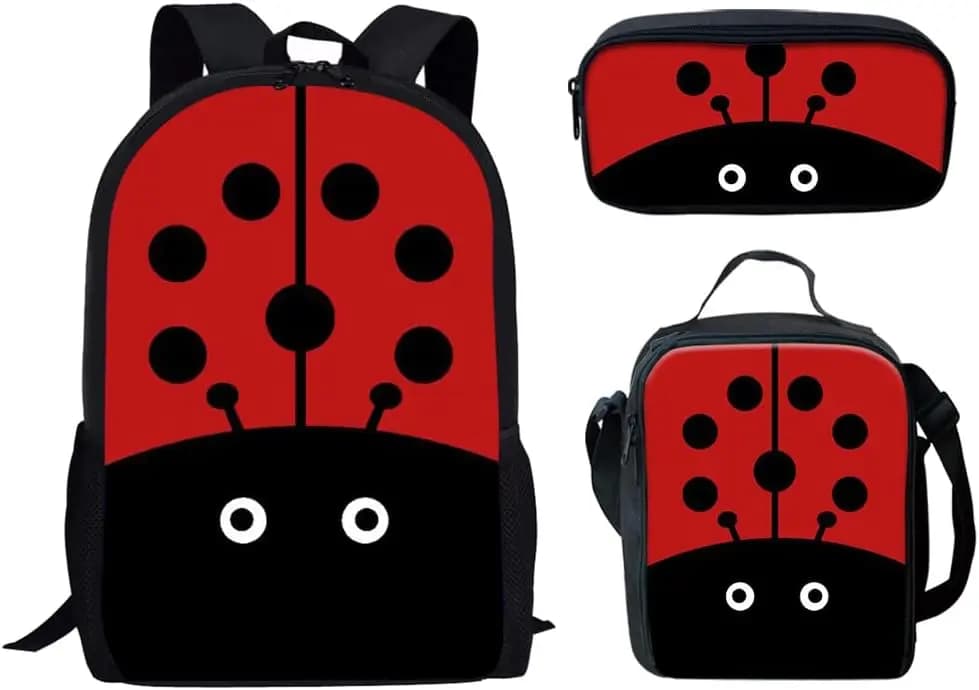 Cartoon Ladybug Kids Backpack for Boys Girls Ladybug School Bag Bookbag Set Lunch Bag Pencil Case 3pcs Set