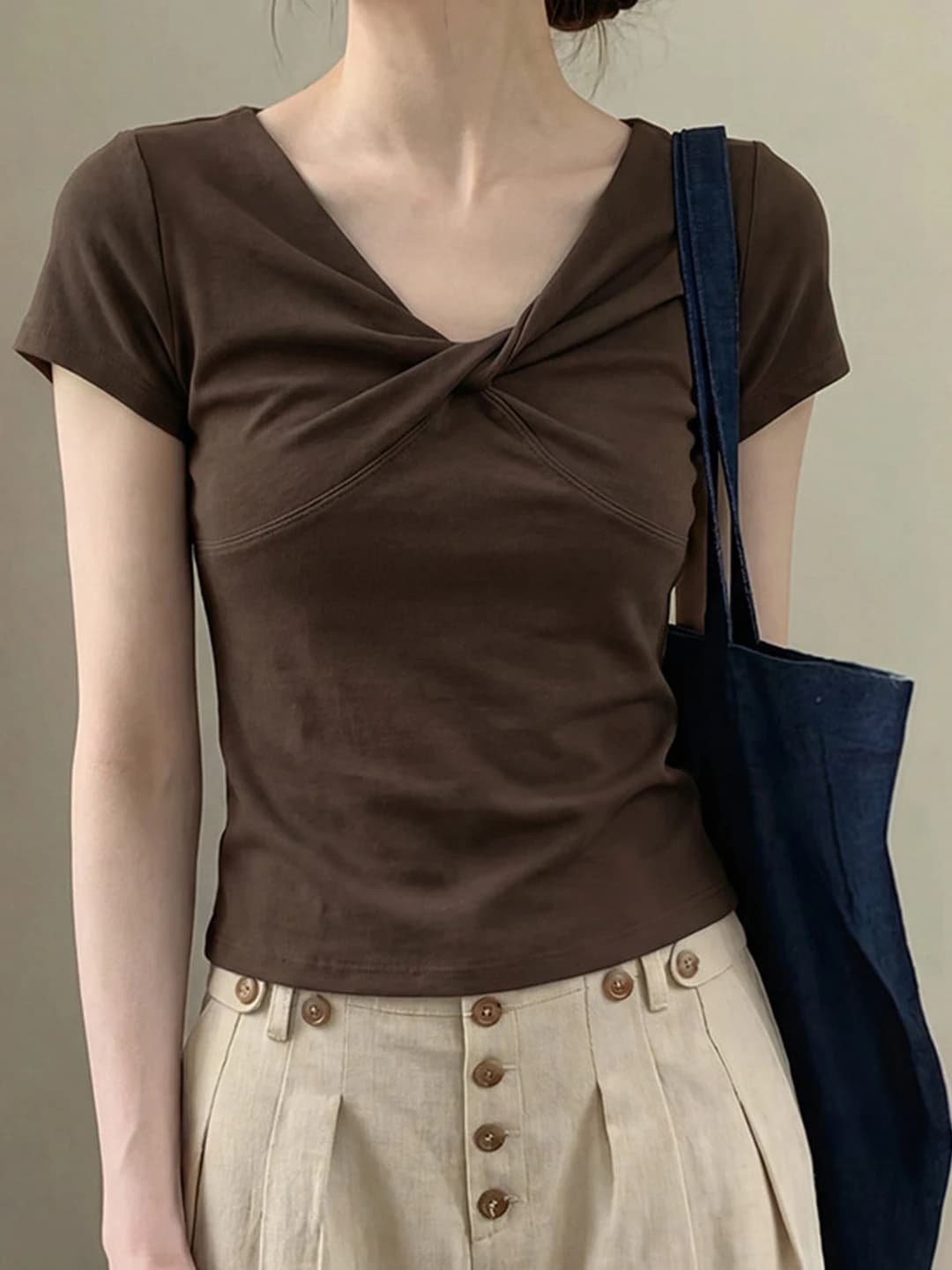 Summer 2026 Women's Knot V-Neck Short Sleeve T-Shirt Slim Fit Korean Style Gentle Pleats Large Size Casual Comfortable Top