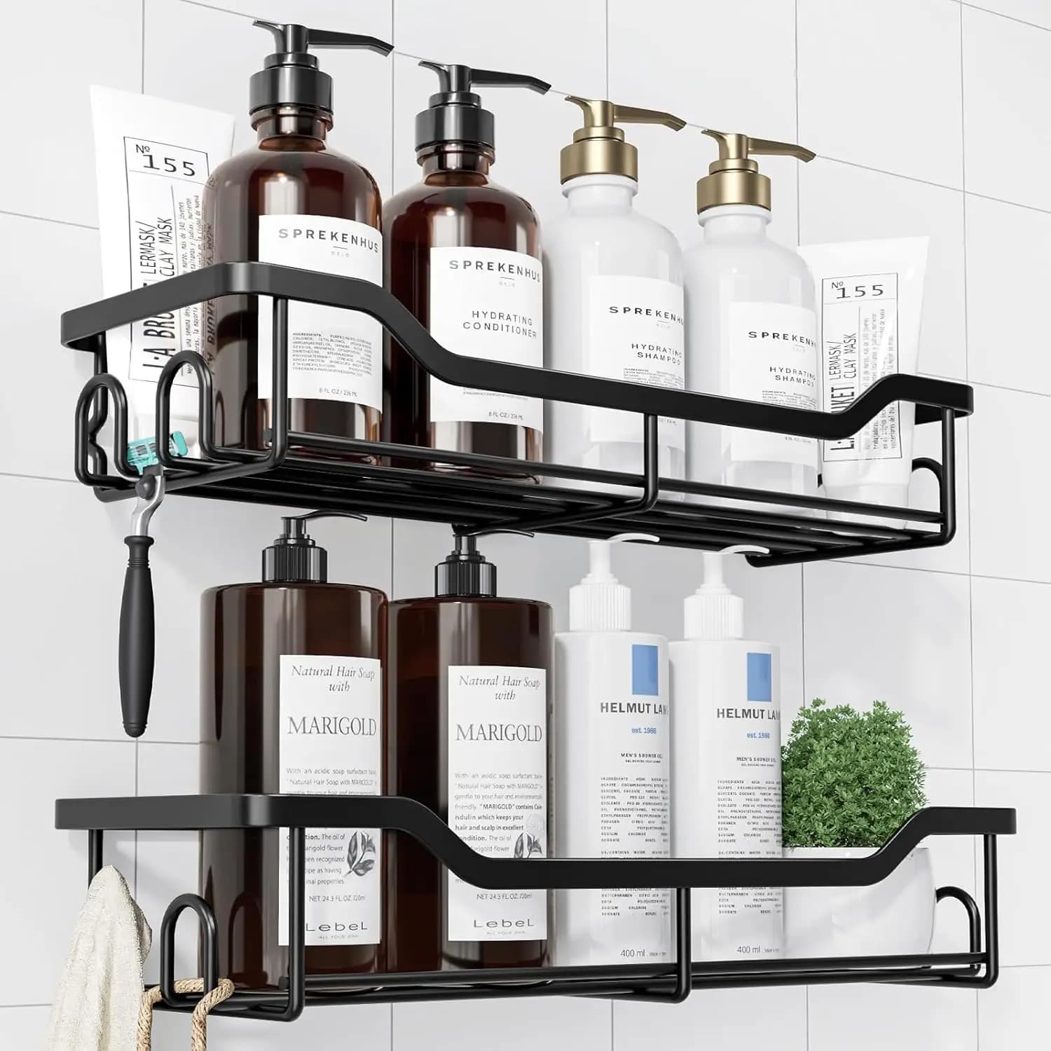 Large shelf Shower Wall decal, Stainless Steel shelf for Bath Organization, Organizer Without Drilling, Pack of 2, Black