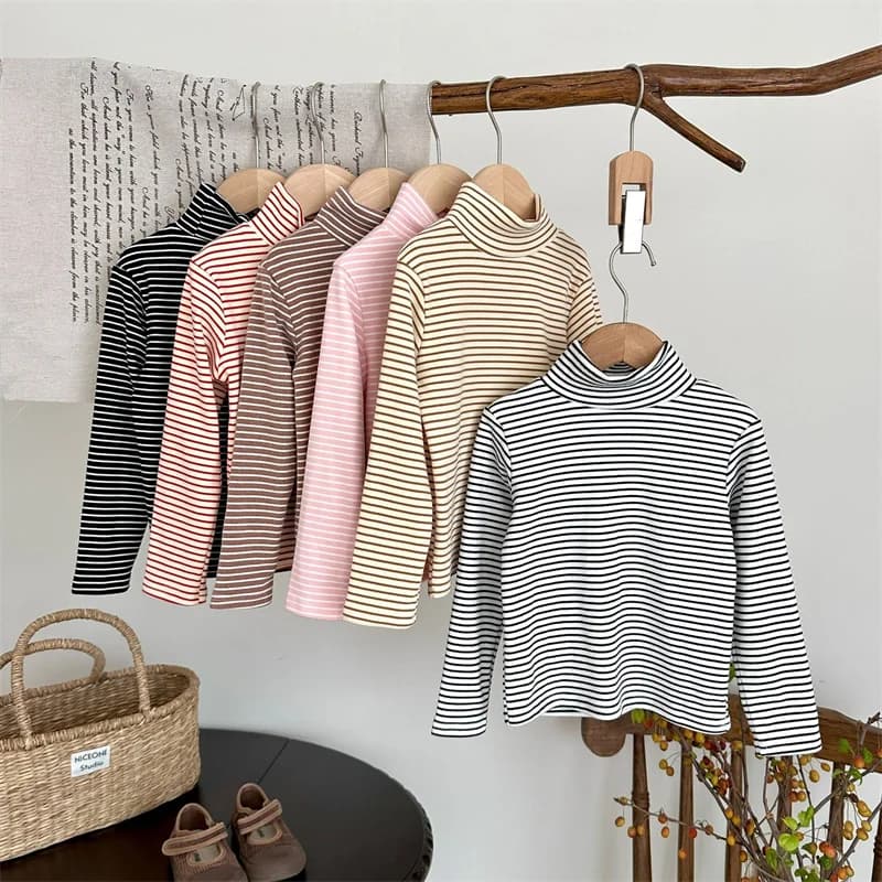 Boys Girls Autumn Warm Shirt Kids Long Sleeve Clothes Children Classical Striped Blouse Toddler Turtleneck Base Pullover