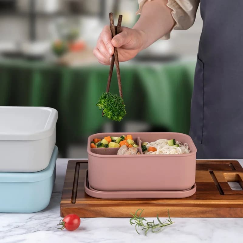 Resistente contenitore per il pranzo in silicone a 3 scomparti Contenitore per il pranzo rettangolare per microonde Contenitore per picnic resistente al calore per ufficio