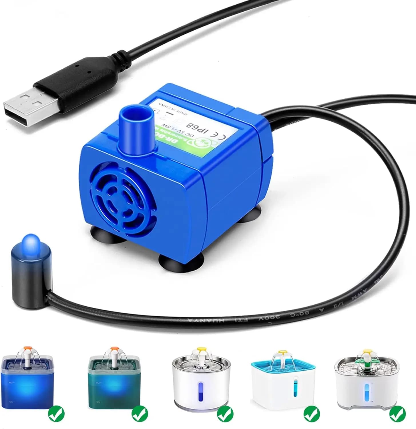 Pompa dell'acqua Luce a LED Sostituzione del motore della fontana dell'acqua per gatti domestici per fiori di gatto Distributore di ciotole Accessori per animali domestici Spina USB