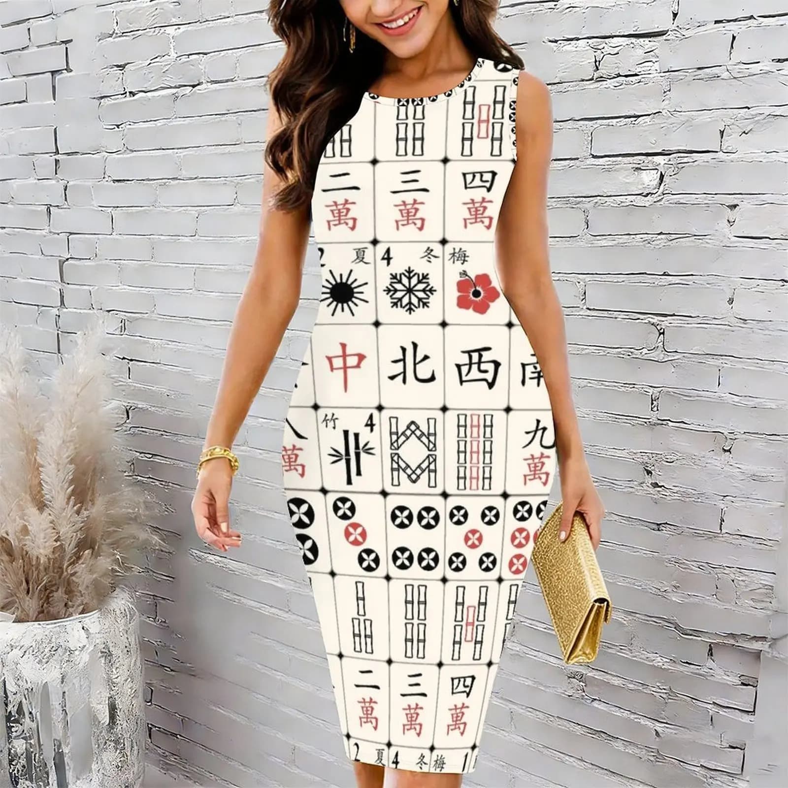Mahjong Tile Pattern Design Women's Round Neck Tight Hip Wrap Skirt