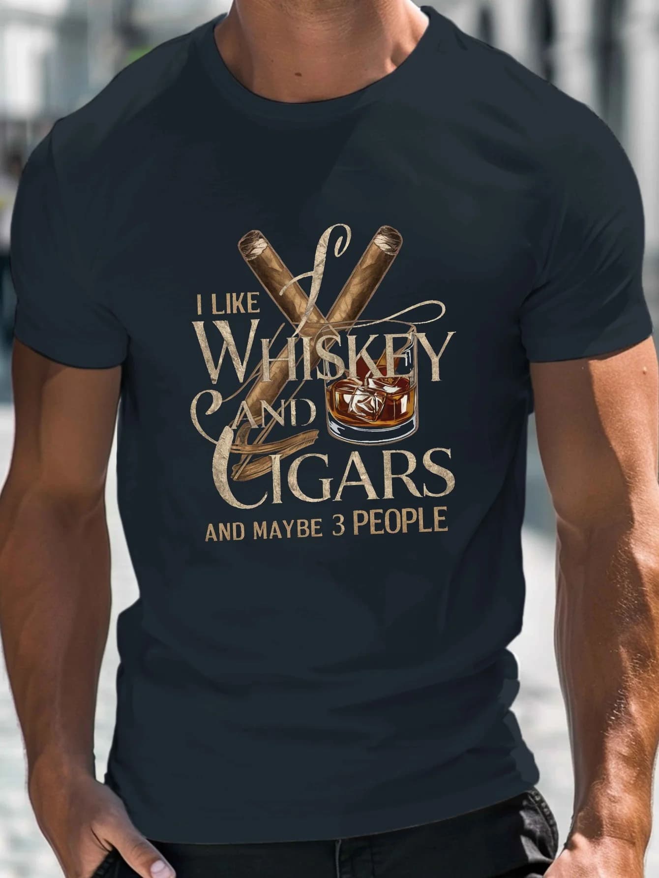T-shirt casual da uomo a maniche corte con scollo rotondo a tema whisky e sigari, estiva