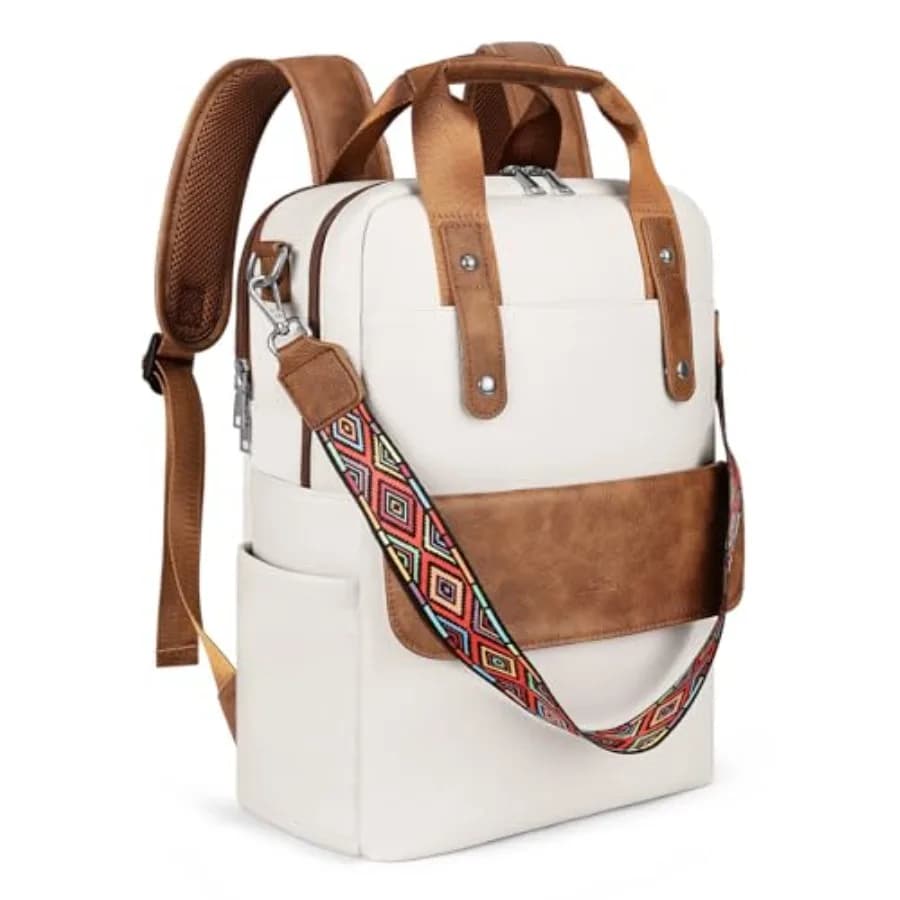 Zaino in pelle per laptop da 15,6 pollici, borsa per laptop da donna, borsa per computer 3 in 1 con tracolla colorata per lavoro e viaggi