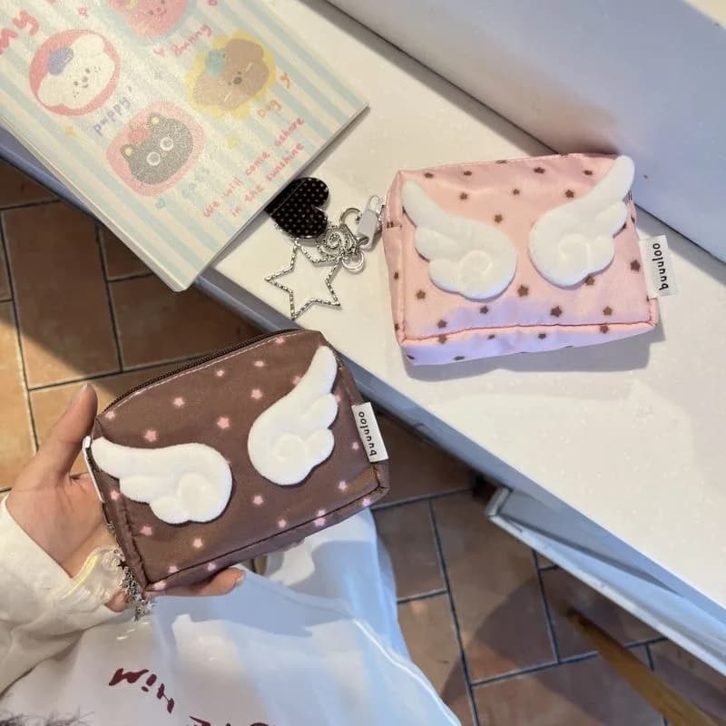 Cute Angel Wing Zipper Pouch, Kawaii Star Print Cosmetic Bag, Mini Nylon Organizer for Makeup & Small Items