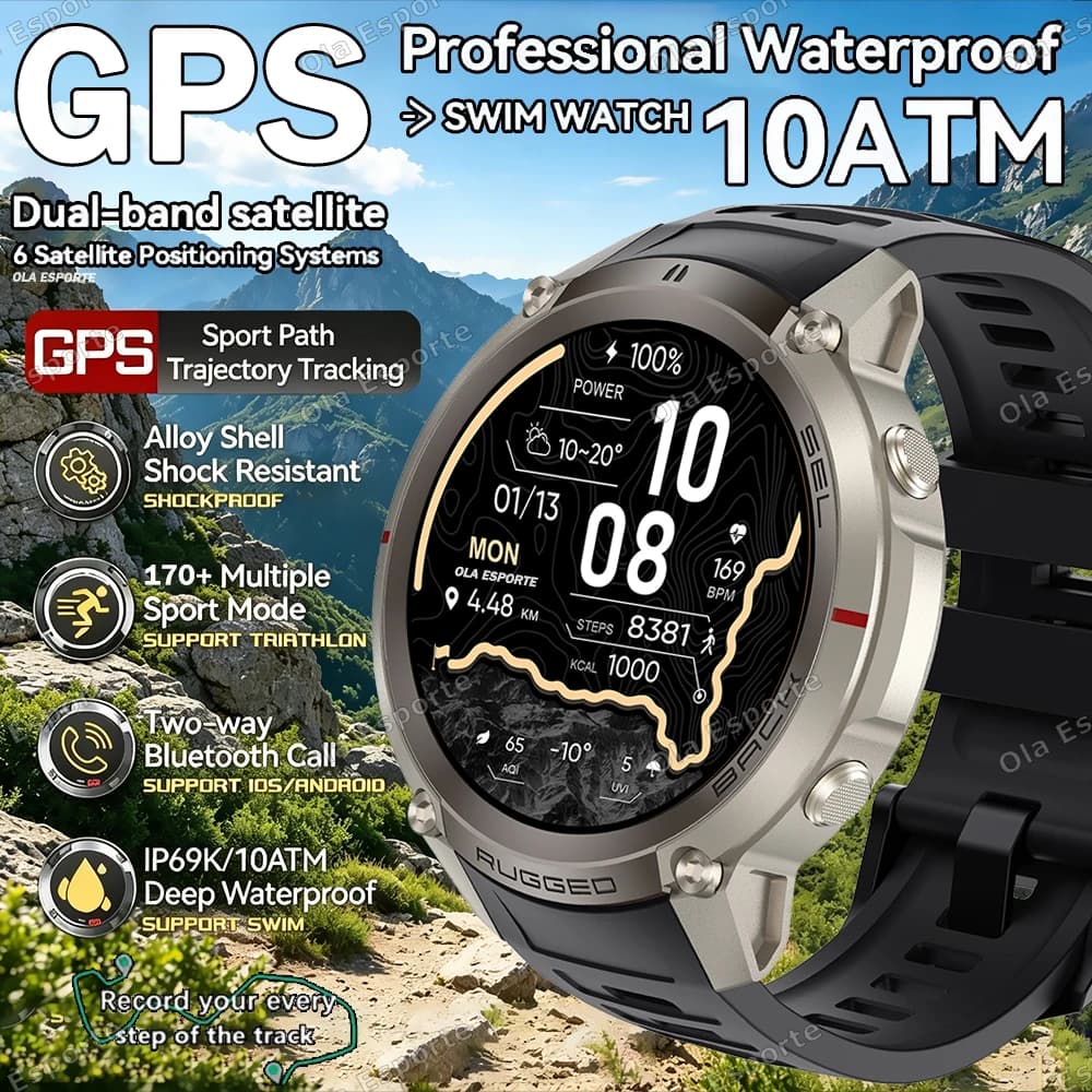 Nuovo Smartwatch con GPS Integrato, Impermeabile 5ATM, Display AMOLED, Chiamate HD, 170+ Sport, Tracker Corsa, Bussola per Esterni, Militare, 2026