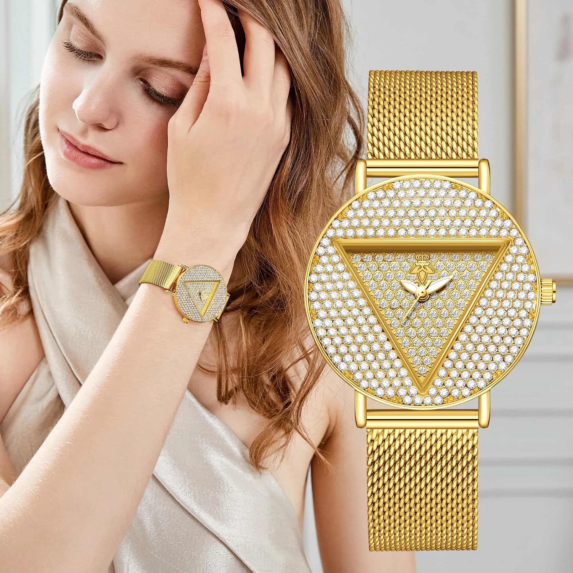 YaLaLuSi Geometric Triangle Rhinestone Ladies Wristwatch Full Paved Crystal Dial Gold Mesh Bracelet Quartz Fashion Women Dress Watch
