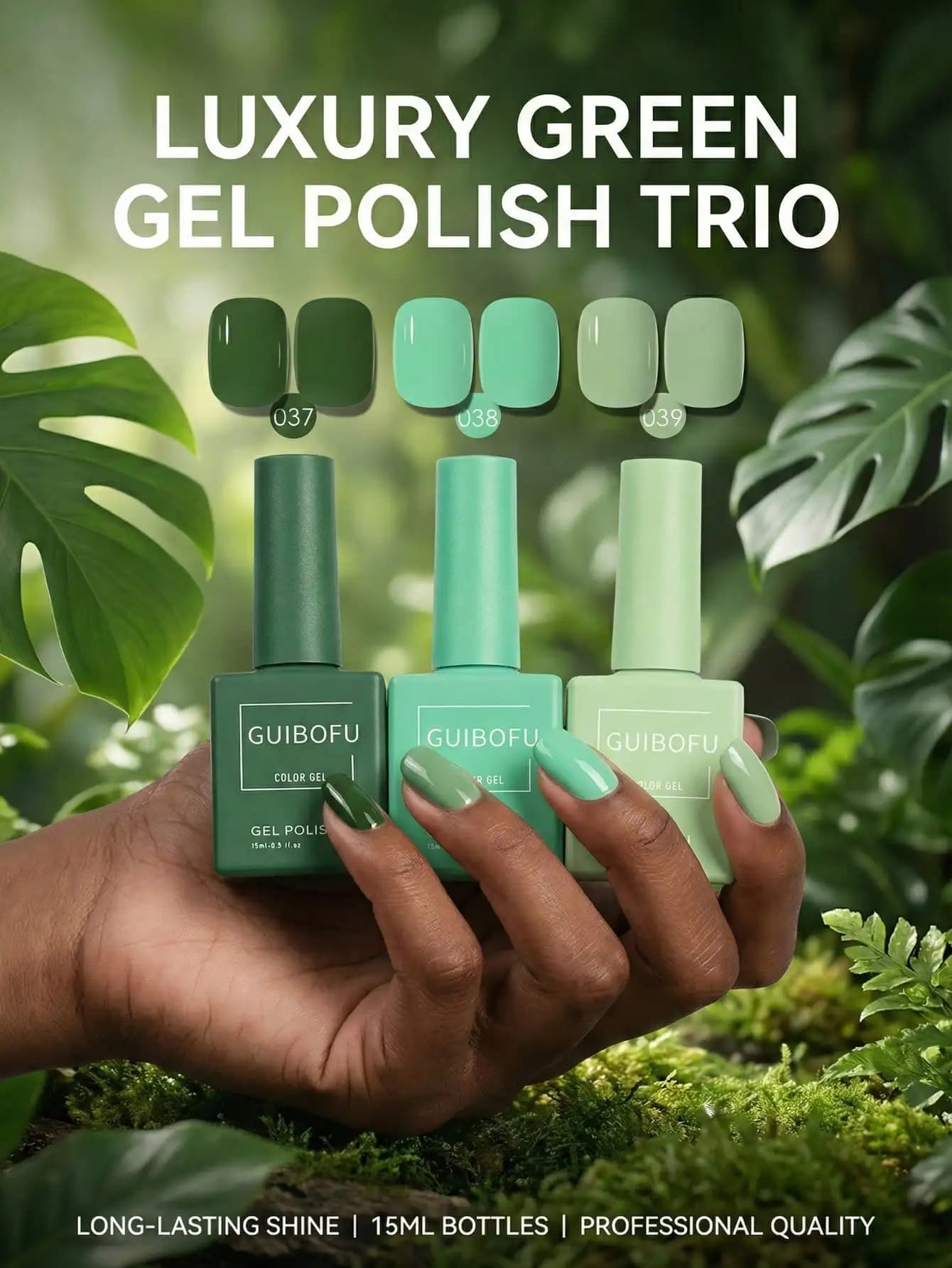 3Pcs/Set 15ml Forest Green Gel Polish, Dark Emerald Mint Sage Color, Spring Nature Nail Art, Soak Off UV LED Gel polish