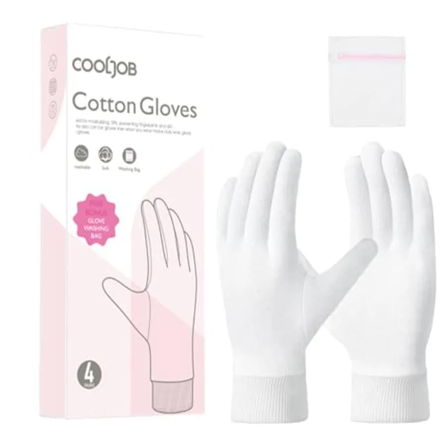 Set of 4 pairs of soft and moisturizing cotton gloves with elastic cuff, night gloves with lotion for dry hands and eczema