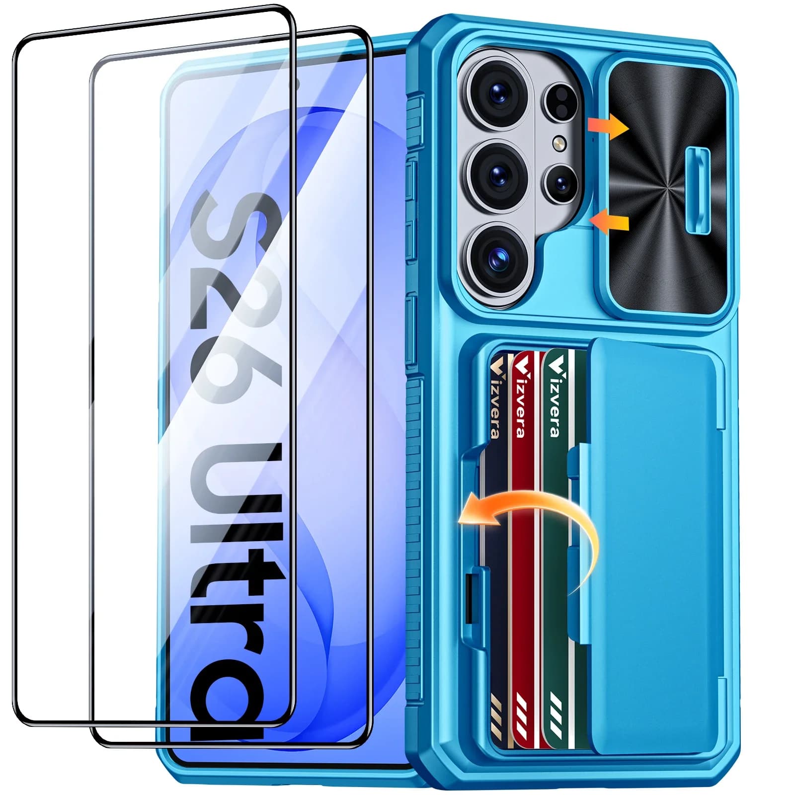 Custodia per Telefono in Silicone Antiurto Integrale con Porta Carte, Protezione Fotocamera e RFID, per Galaxy S26 Ultra - Azzurro
