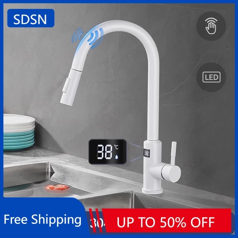 Rubinetto per lavello da cucina digitale touch bianco con spruzzatore estraibile Miscelatore da cucina caldo freddo Rubinetti da cucina touch con sensore intelligente