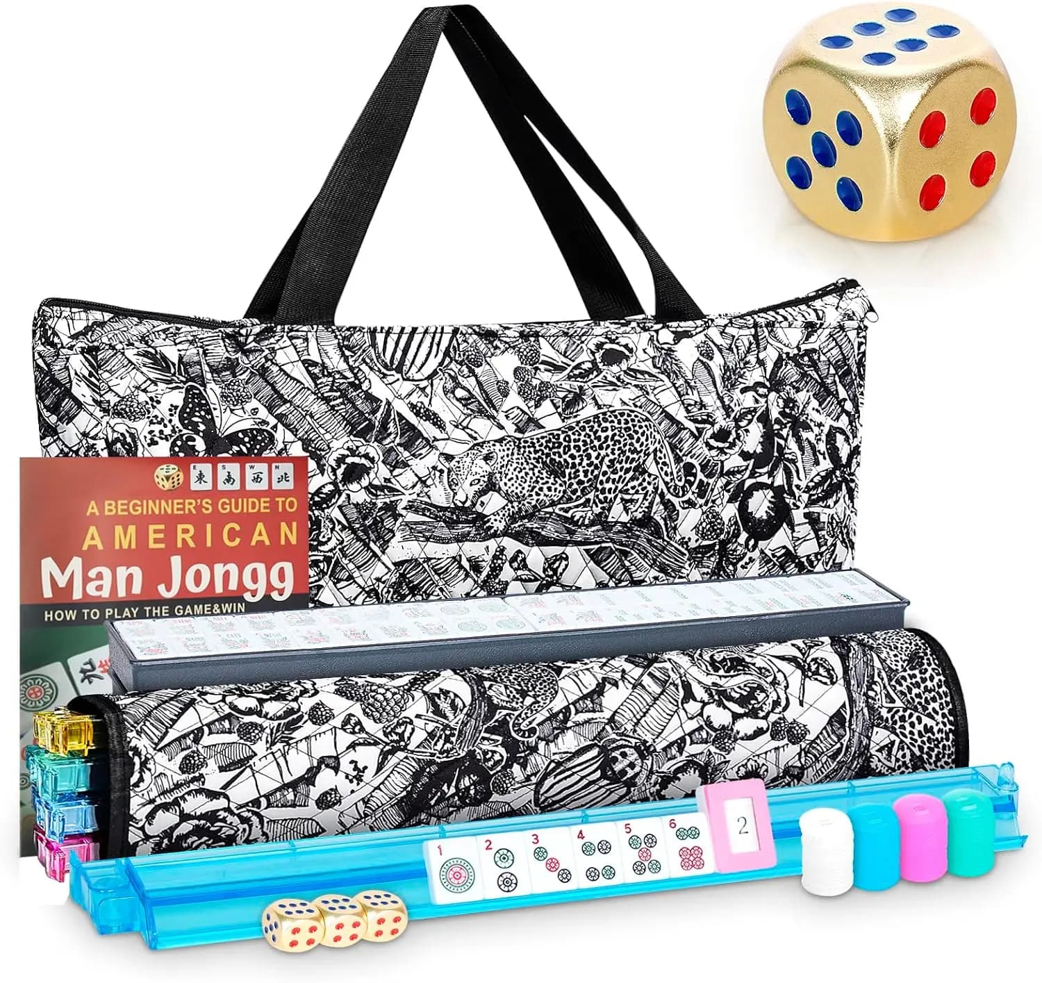 Set da gioco Mahjong americano con 166 tessere bianche premium, dadi in metallo e 4 supporti multifunzione
