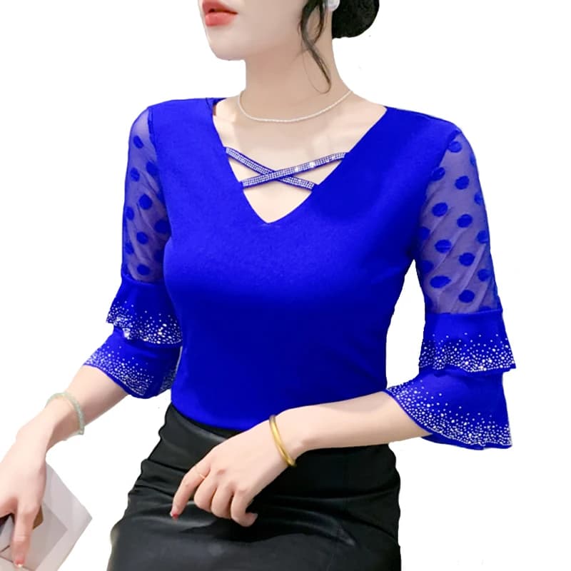 Camicia da donna estiva 2024 maglietta a rete Patchwork di nuova moda maglietta con maniche a foglia di loto con diamanti Casual coreani delicati