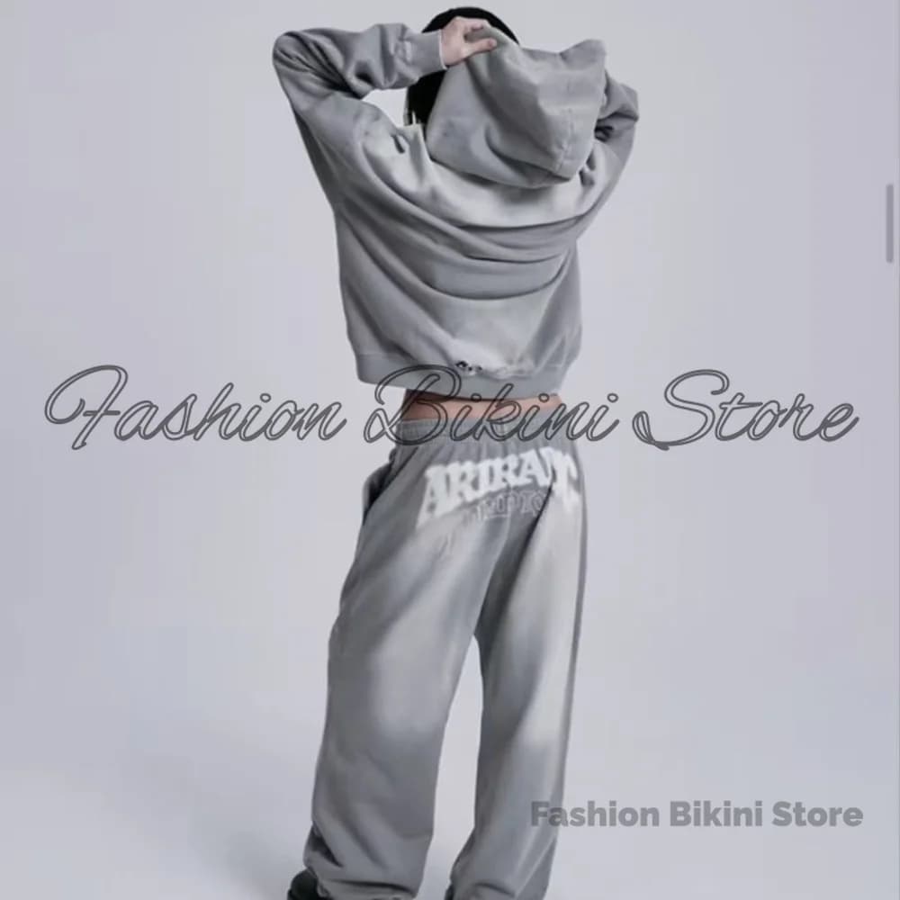 NEW Washed Grey Retro Hoodie 3D Embroidery ARIRANG Number 26 Hooded Jacket V Neck Sweatshirt Casual Streetwear Outerwear