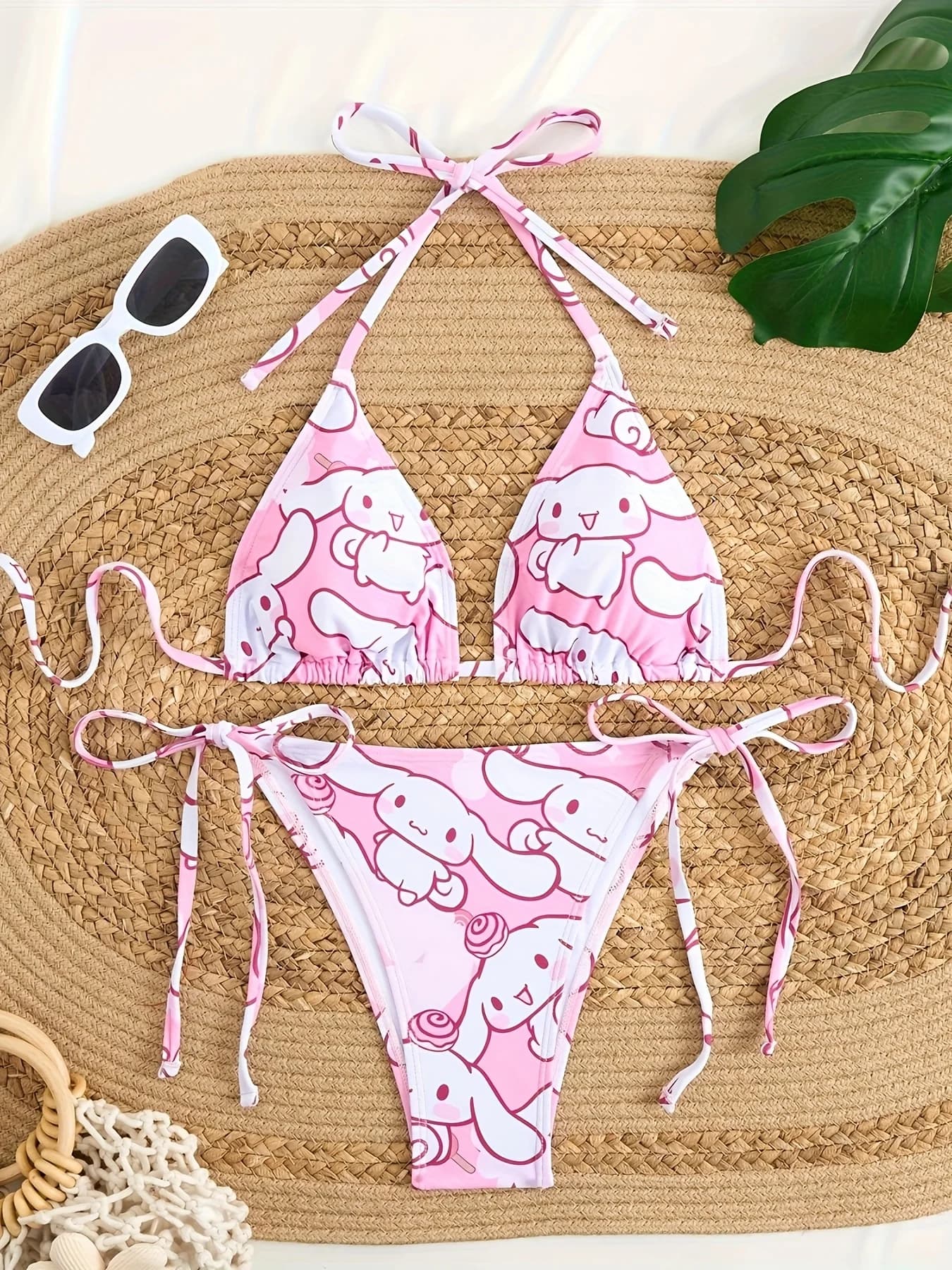 Set bikini con stampa Cinnamoroll da 2 pezzi, costume da bagno a triangolo con scollo all'americana rosa e bianco, costume da bagno a due pezzi con laccetti laterali, abbigliamento da spiaggia