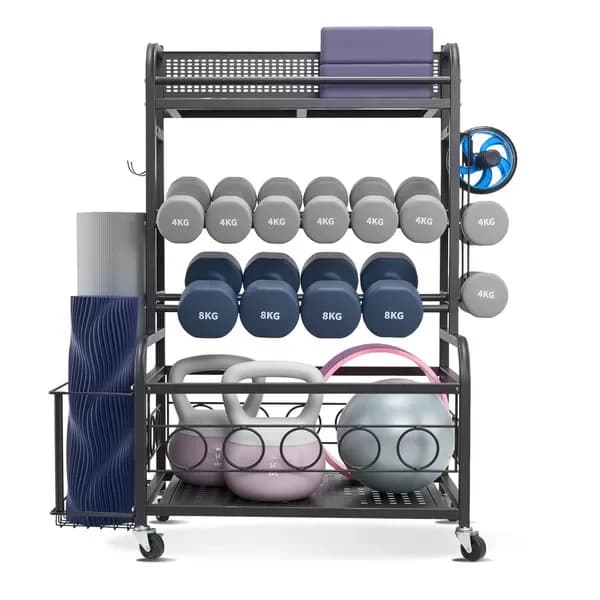 Yoga mat holders with hooks and wheels, steel support for handlebars, kettlebell, foam roller, yoga strap – powder coated