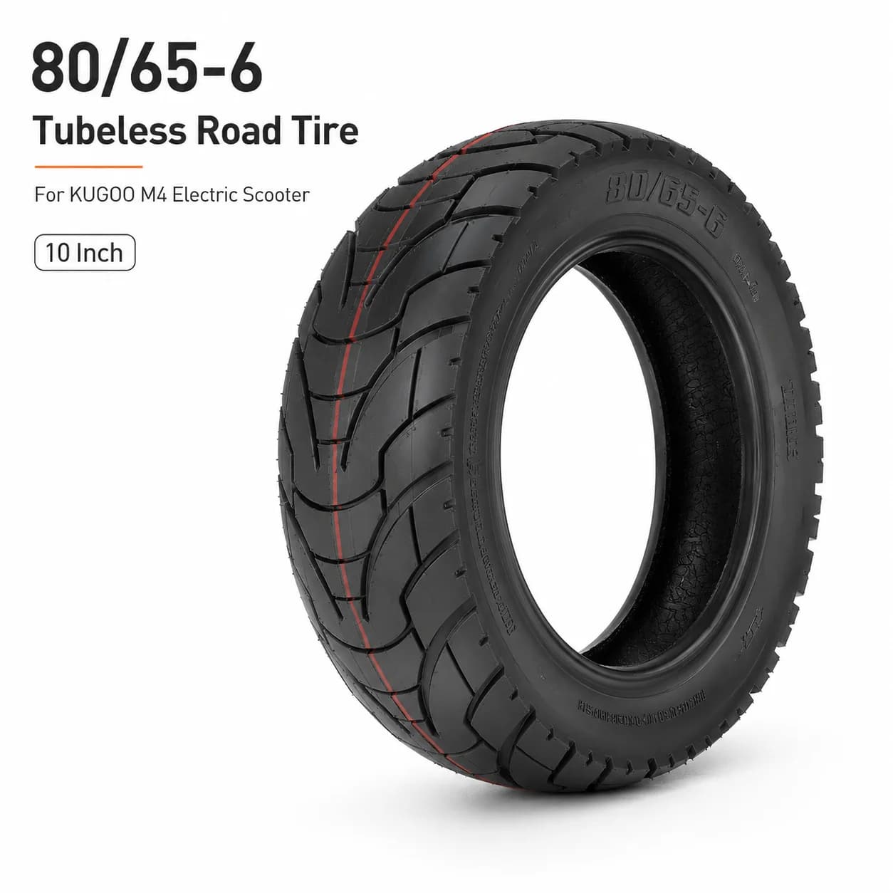 10 Inch 80/65-6 Tubeless Tire for KUGOO M4 Electric Scooter, Road Vacuum Outer Tyre with Valve Stem Replacement Part