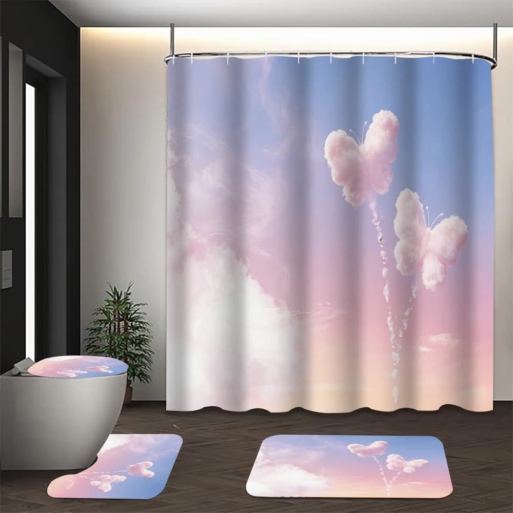 Set di tende da doccia Butterfly Cloud 4/1, decorazione per sedile WC, tenda da doccia con tappeto e coperchio WC, dimensioni 70,8x70,8 pollici