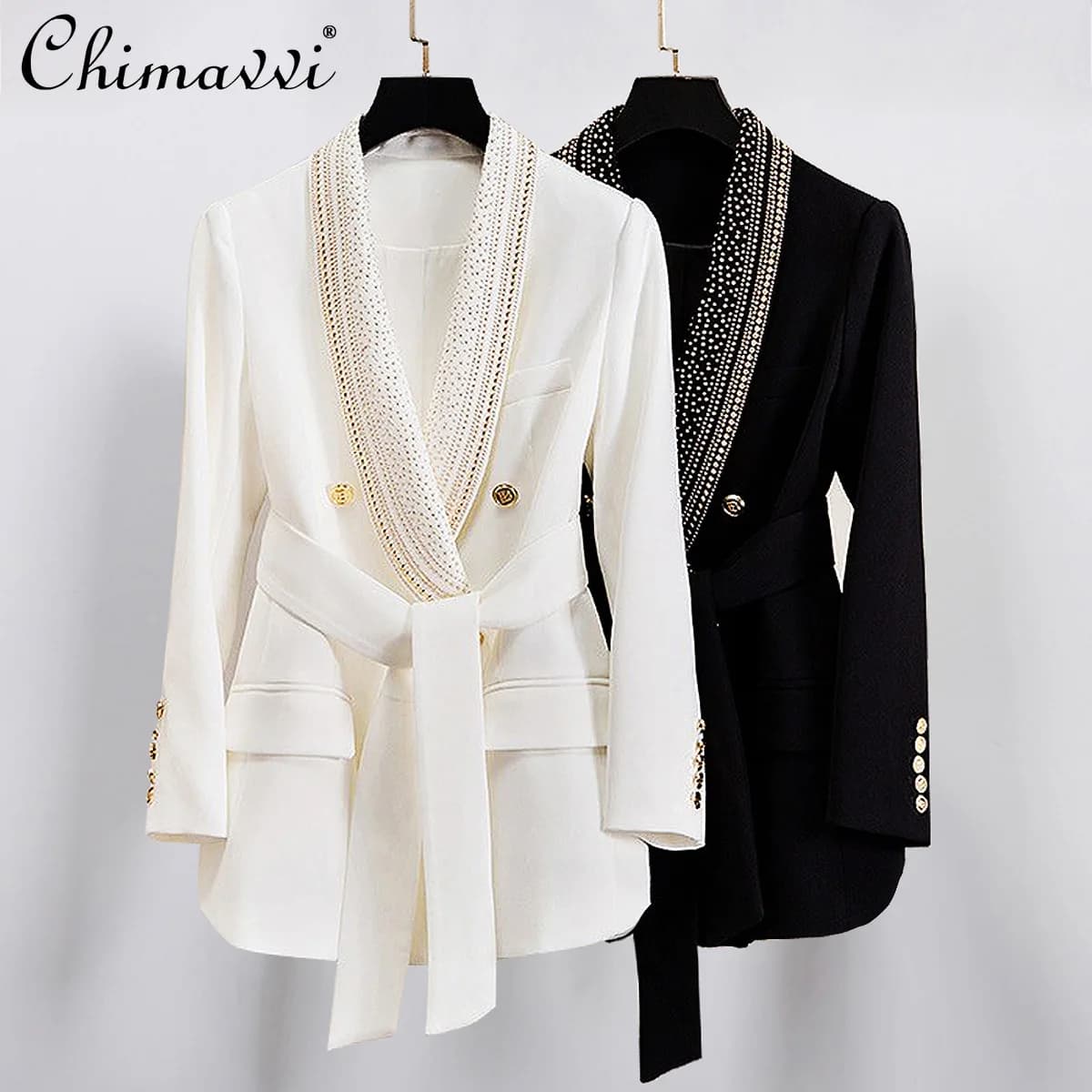 Francese elegante moda pendolare rivetto dorato cintura doppio petto sottile scollo a V manica lunga blazer lunghi neri giacche donna autunno