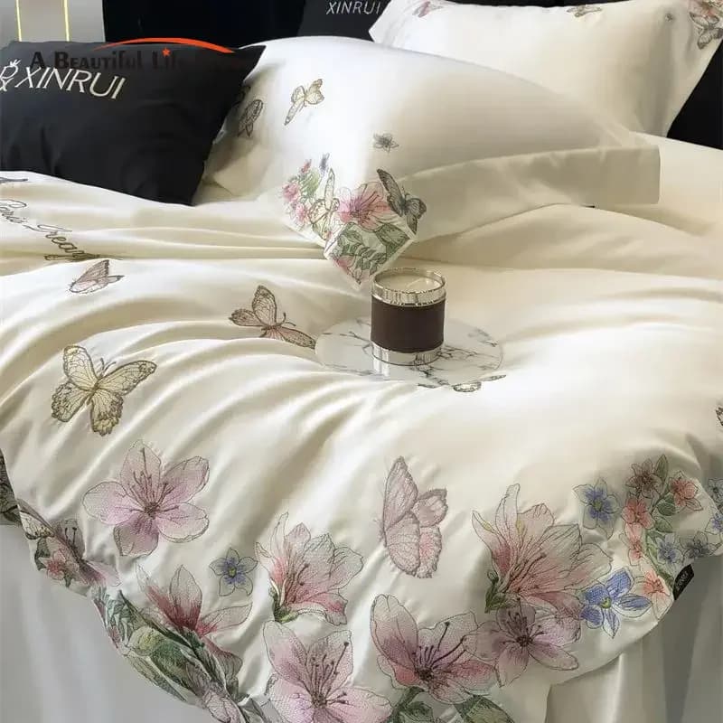 Set of bedding with embroidery of luxury butterfly flowers Lyocell soft eucalyptus fiber and silky breathable pillow cover pillowcase for sheets