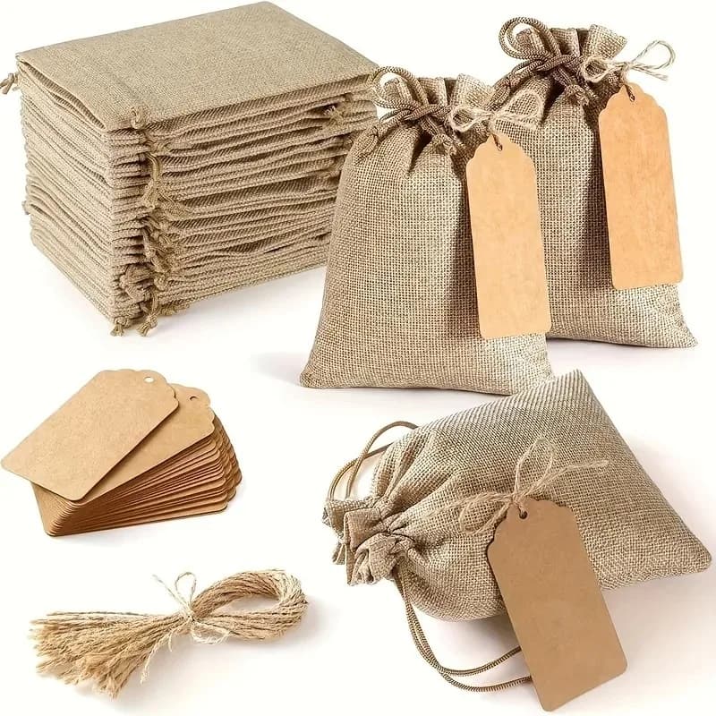 Set di 21/51 Sacchetti in Lino, Borse Regalo Riutilizzabili per Matrimoni e Feste, Sacchetti per Gioielli, Set Fai-da-Te con Cordoncino ed Etichetta