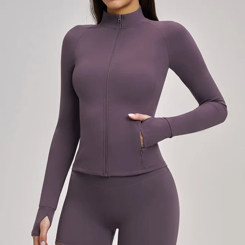 Abbigliamento yoga primaverile per donna, giacca sportiva con collo alto, maniche lunghe, cerniera, colletto rialzato, per allenamento e fitness.
