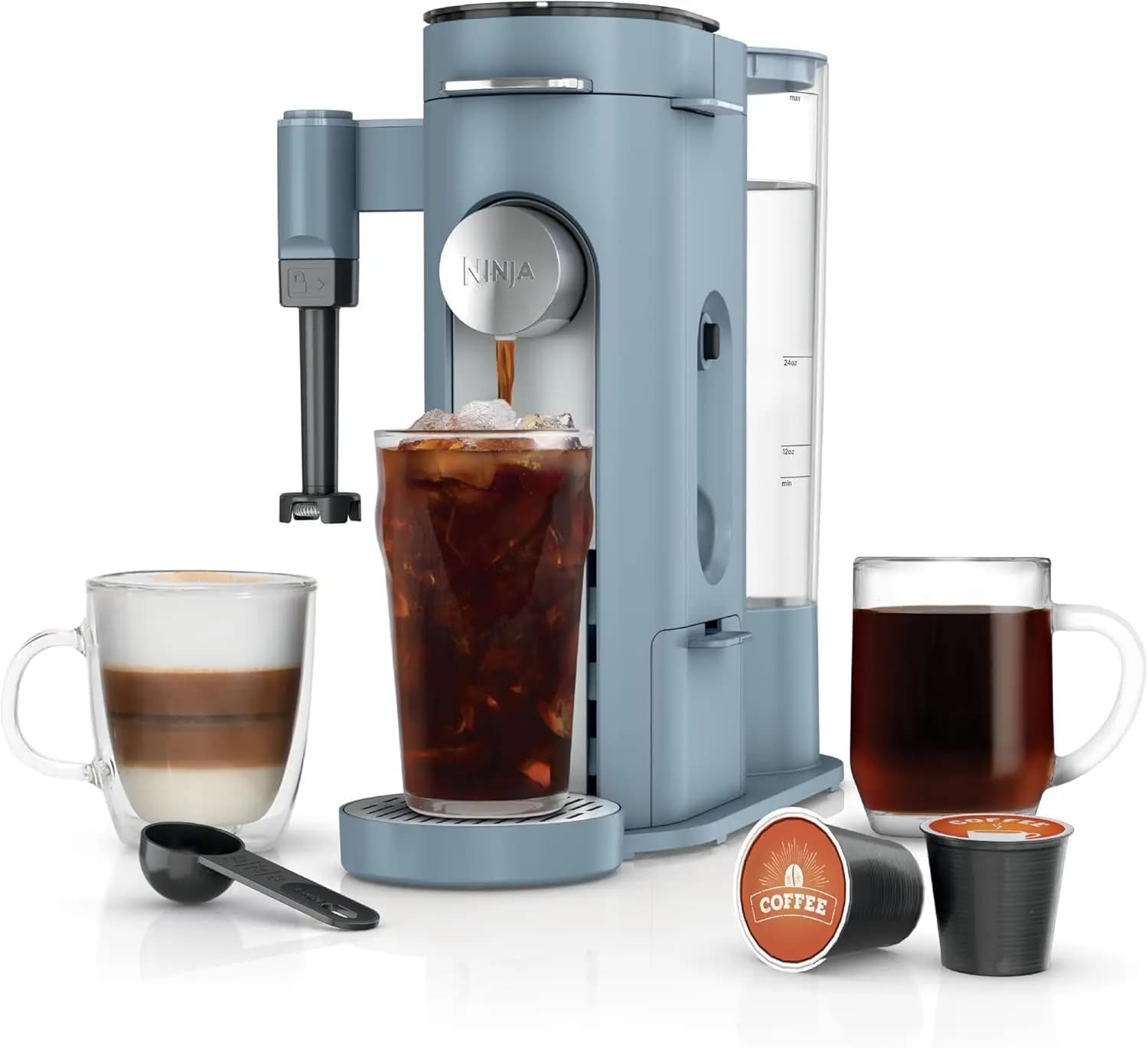 Single-Serve Coffee Maker, Compatible with K-Cup Pods and Ground Coffee, Compact Design, Built-In Milk Frother, 68-Ounce Water R