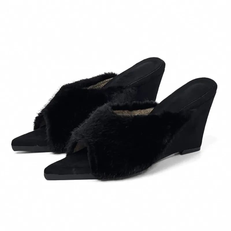 Pantofole con zeppa in peluche autunno inverno Donna a punta aperta Tacchi alti Ciabatte Moda Outdoor antiscivolo Comode pantofole soffici