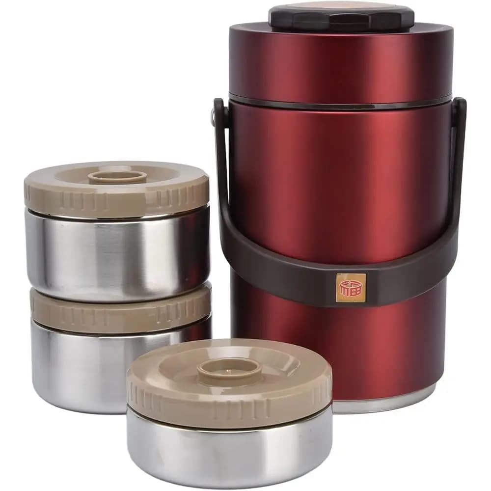 Contenitore Termico per Pranzo in Acciaio Inox da 2,3L con 3 Scomparti per Cibo Caldo, Lavoro e Viaggi (Rosso)