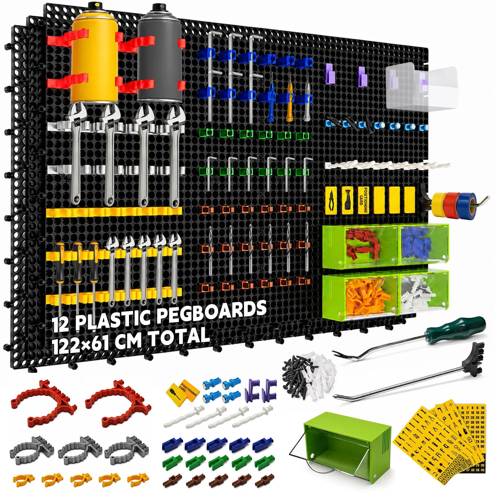 Plastic Pegboard Wall Storage Kit, 12pcs Black 122 X 61cm, 428 Accessories, Hooks, Clips, and Boxes, Modular Tool Storage Board