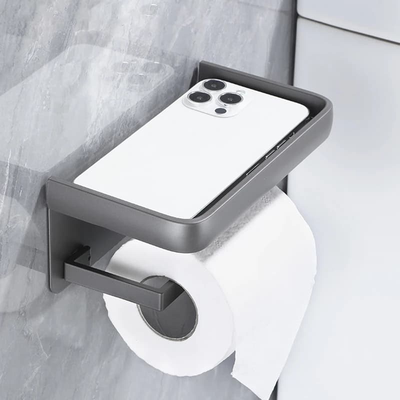 Supporto per carta igienica in alluminio con supporto per telefono a parete senza trapano supporto per carta in rotolo nero ripiano per bagno FR1005