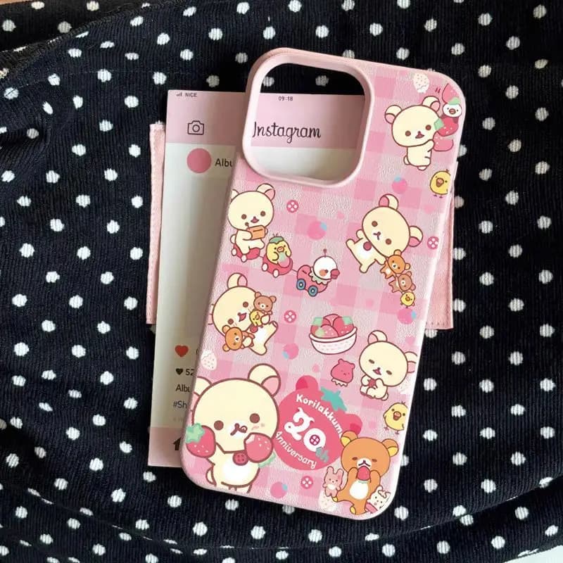 Lichee leather pattern Phone Case For Redmi Note 14 13 12 11 10 9 8 Pro Plus 4G 5G Shockproof Cover Pink Cute R-Rilakkumas