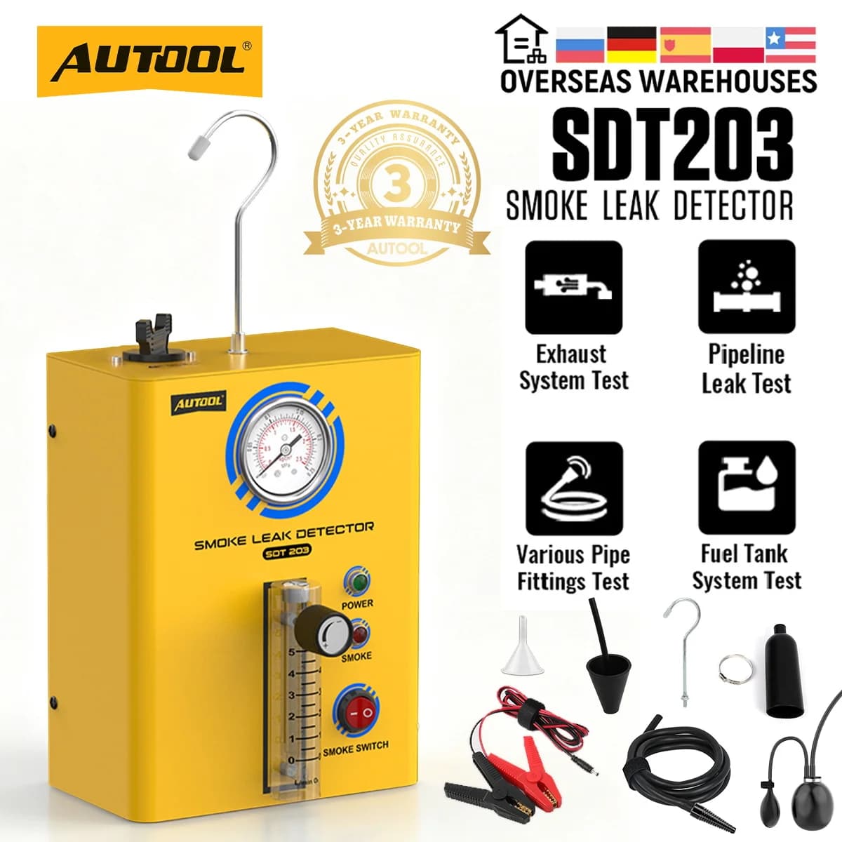AUTOOL SDT203 Smoke Machine Leak Detector 12V Built-in Air Pump EVAP Vacuum Fuel Pipe System Leak Locator Diagnostic Tester for Car