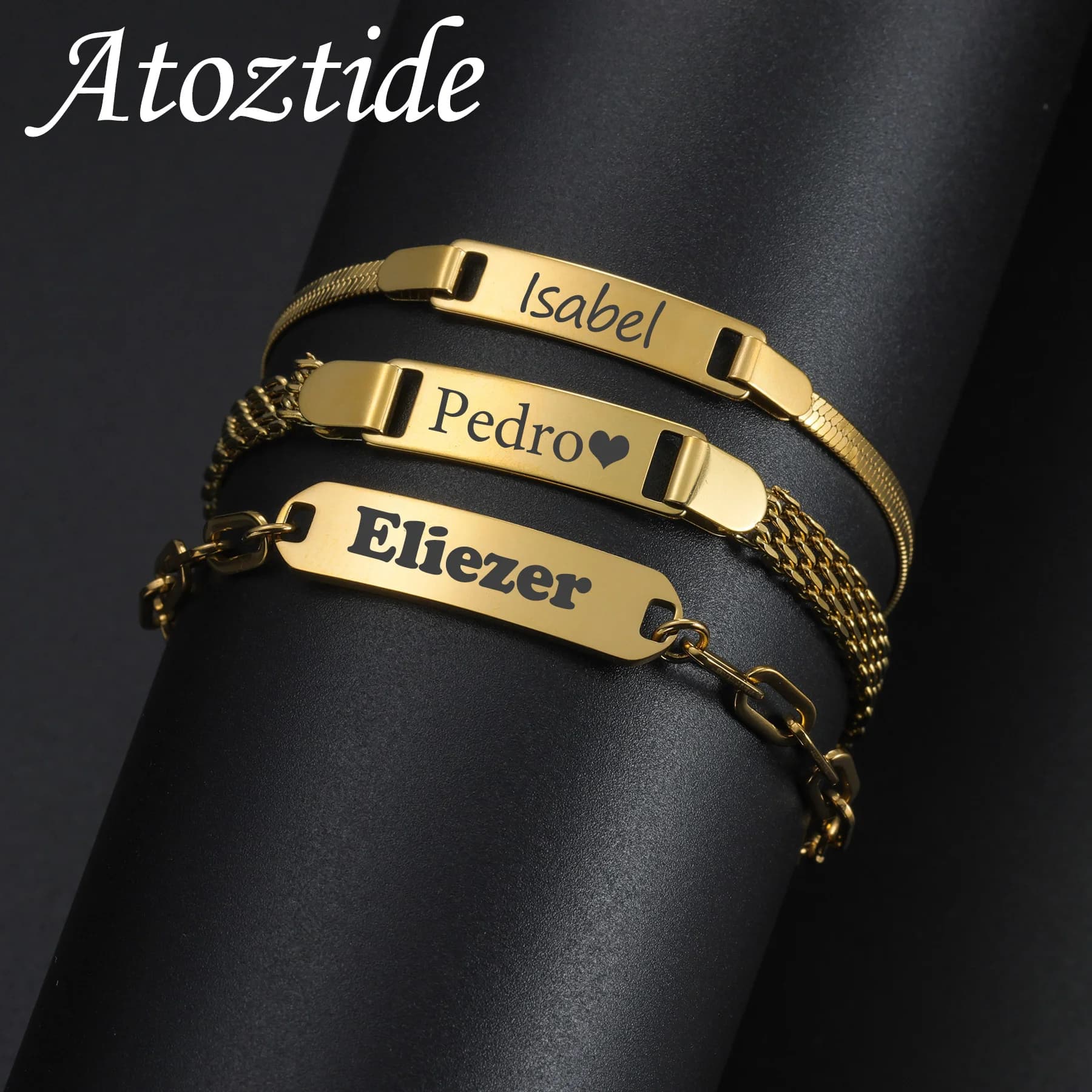Atoztide Bracciale con nome inciso per donna Uomo Coppia Gioielli in acciaio inossidabile Catena spessa Regalo di compleanno personalizzato per madre e bambino