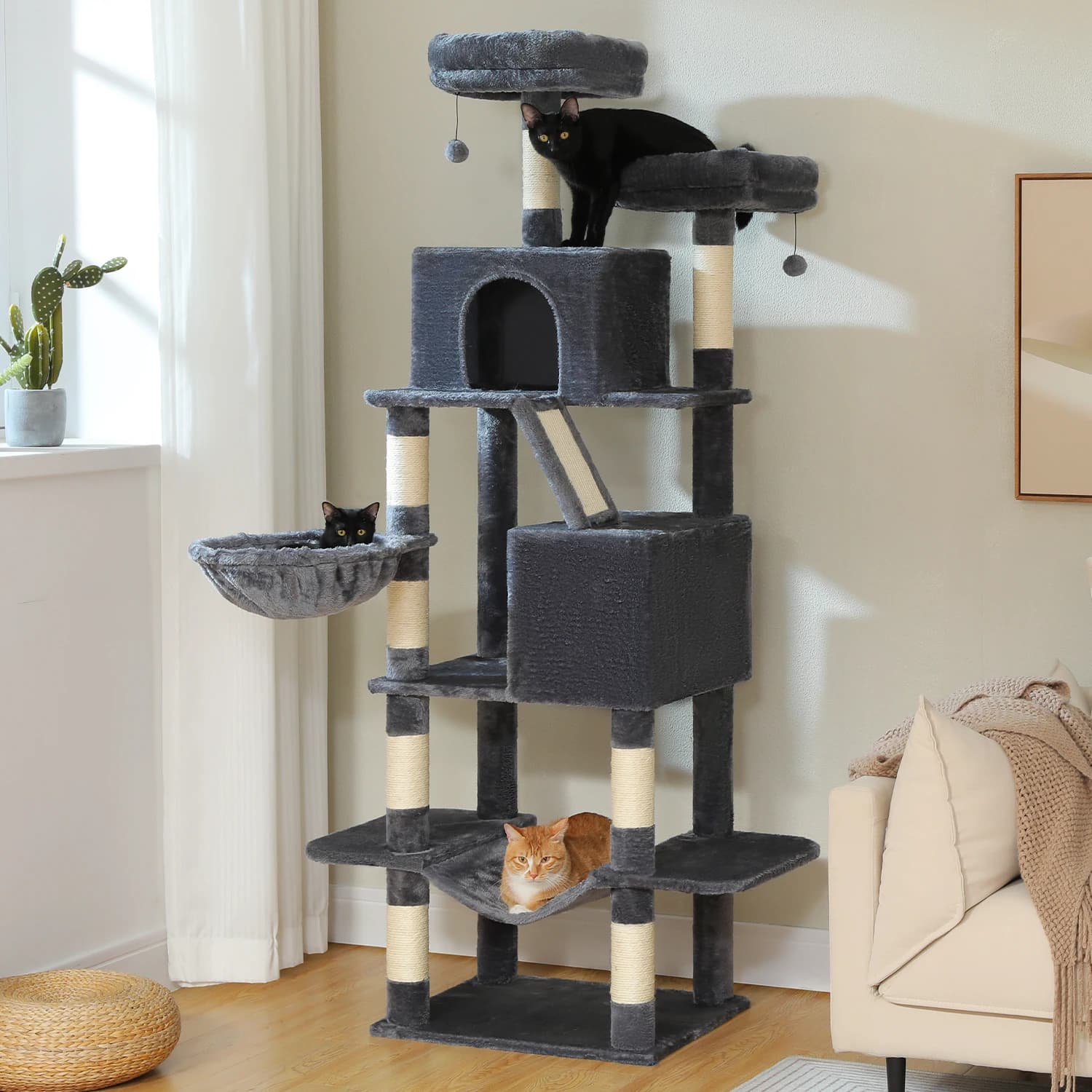 Albero per gatti, torre per gatti grande da 71 pollici con 8 tiragraffi, 2 posatoi, 2 grotte, cestino, amaca, pompon, peluche multi-livello C
