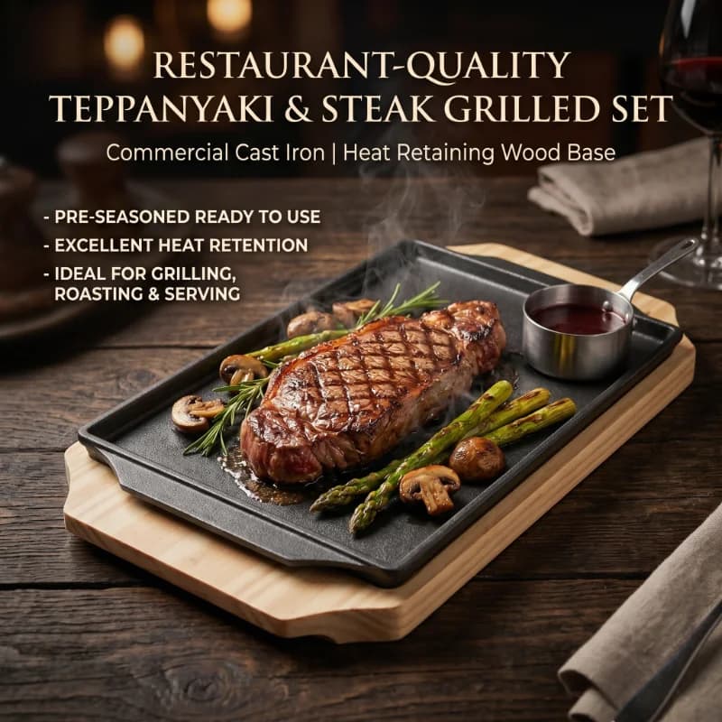 Piatto per barbecue da ristorante a forma rettangolare in ghisa, bistecca, bistecca, padella calda con base in legno, vassoio per pesce alla griglia Teppanyaki