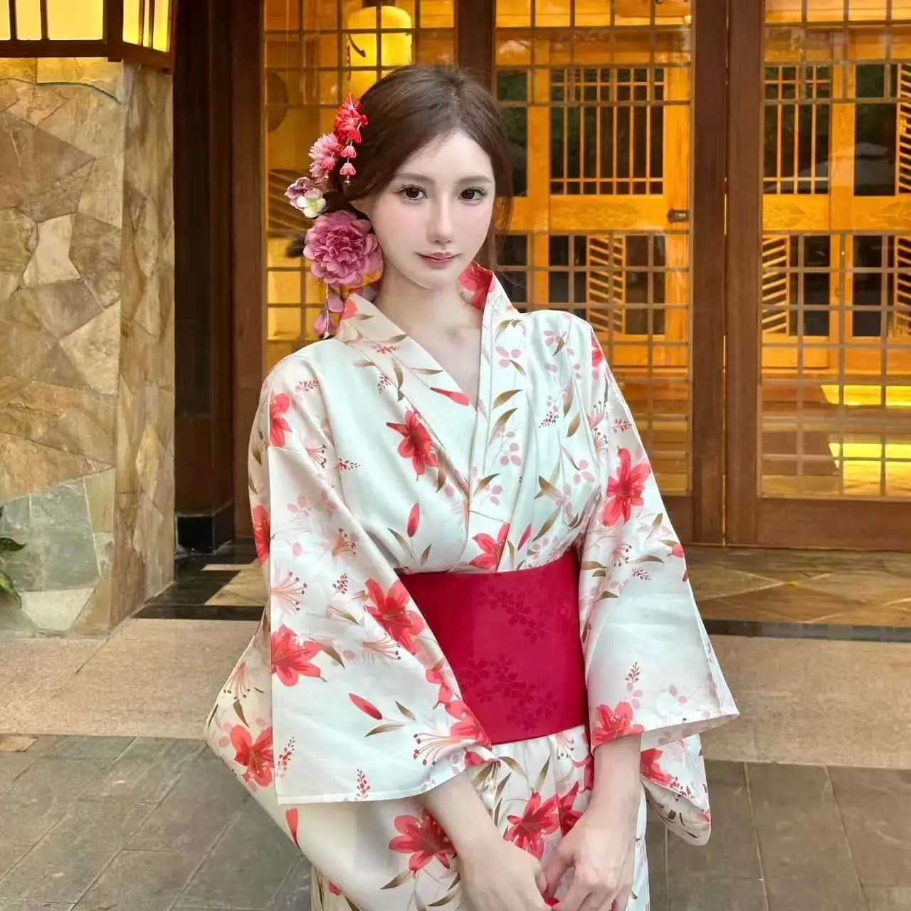 Kimono Rosso Tradizionale Giapponese per Donne, Vestaglia, Costume da Carnevale per Ragazze, Abito Vintage Yukata