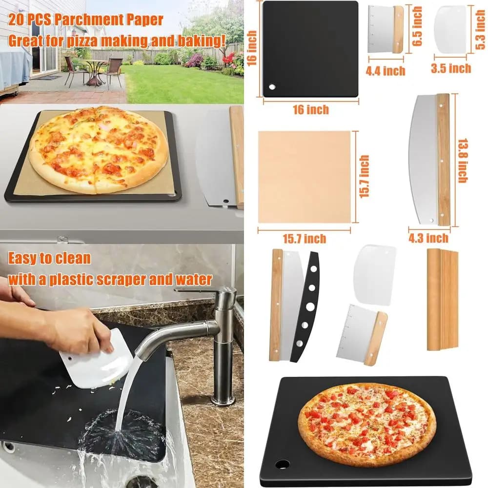 Pietra per Pizza in Ceramica Quadrata 16x16 Pollici, Spessore 1/4, con Utensili per Pizza e 20 Fogli di Carta da Forno
