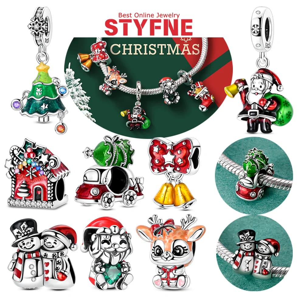 Christmas Series Socks with Santa Claus Pendants Christmas Tree Buckle Walnut Beads Silver 925 Pendant Suitable Bracelet Jewelry Creation Gift