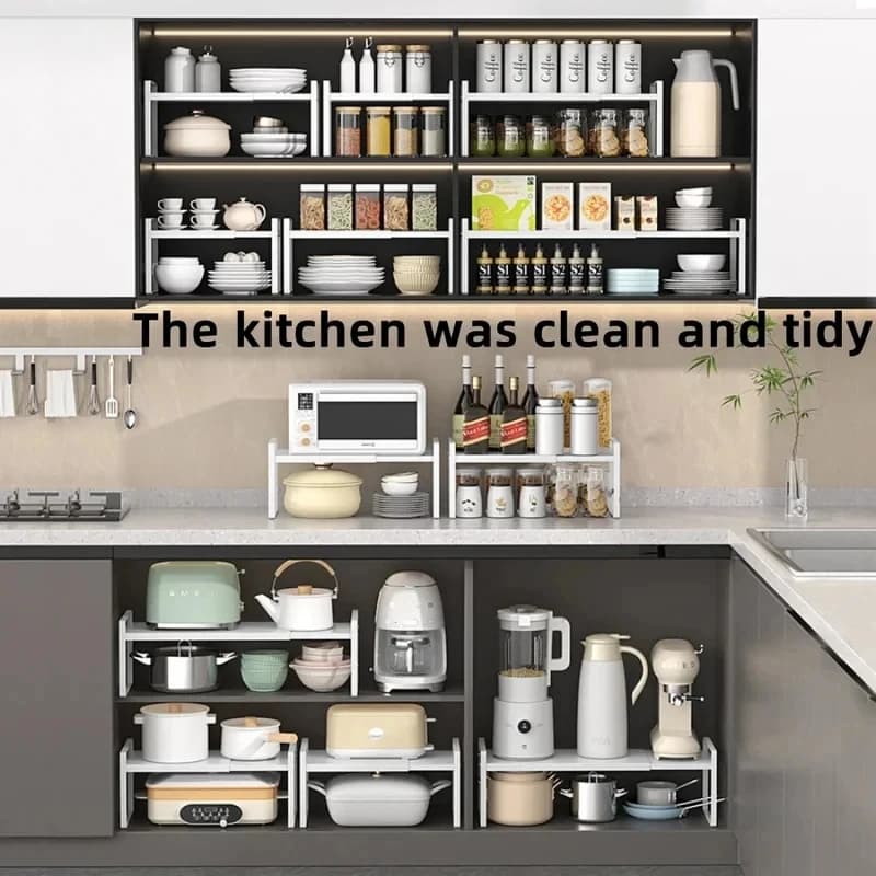Organizzatore Salvaspazio per Cucina, Scaffale Espandibile Multilivello per Condimenti e Piatti