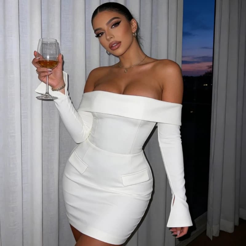 2026 Sexy Off Shoulder Long Sleeve A-word Party Dress Women Backless One-word Collar Slim Fit Short Dress Elegant Summer Clothes