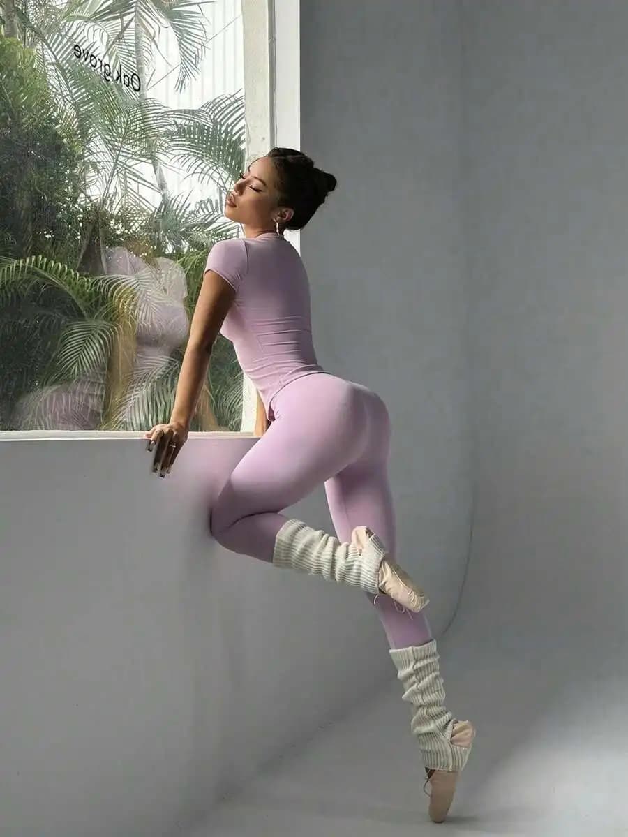 Lavender Solid Color Crop Top And High Waist Leggings Set Stretchy Fitted Yoga Dancewear