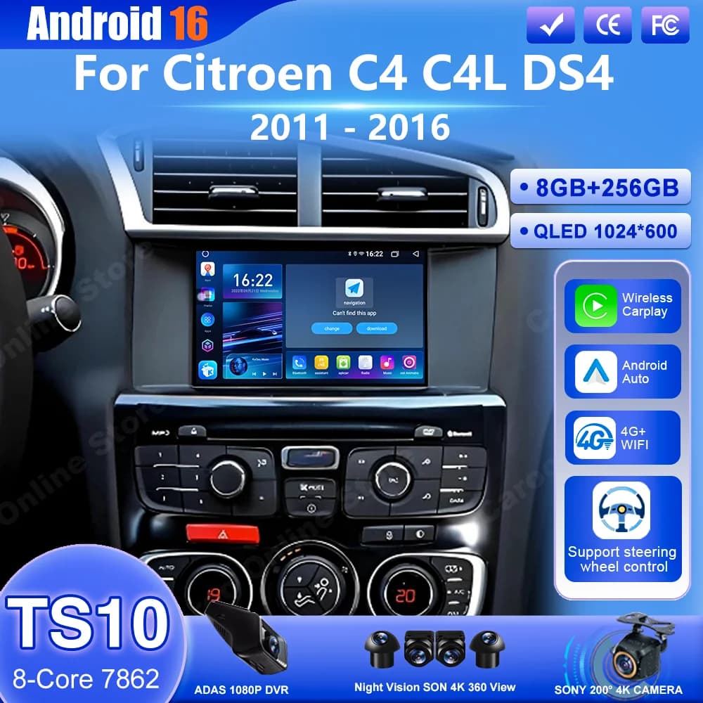 Autoradio Android 16 per Citroen C4 C4L DS4 2011 2012 - 2016, Lettore Multimediale per Auto con Carplay, Navigazione GPS, Unità di Controllo 4G