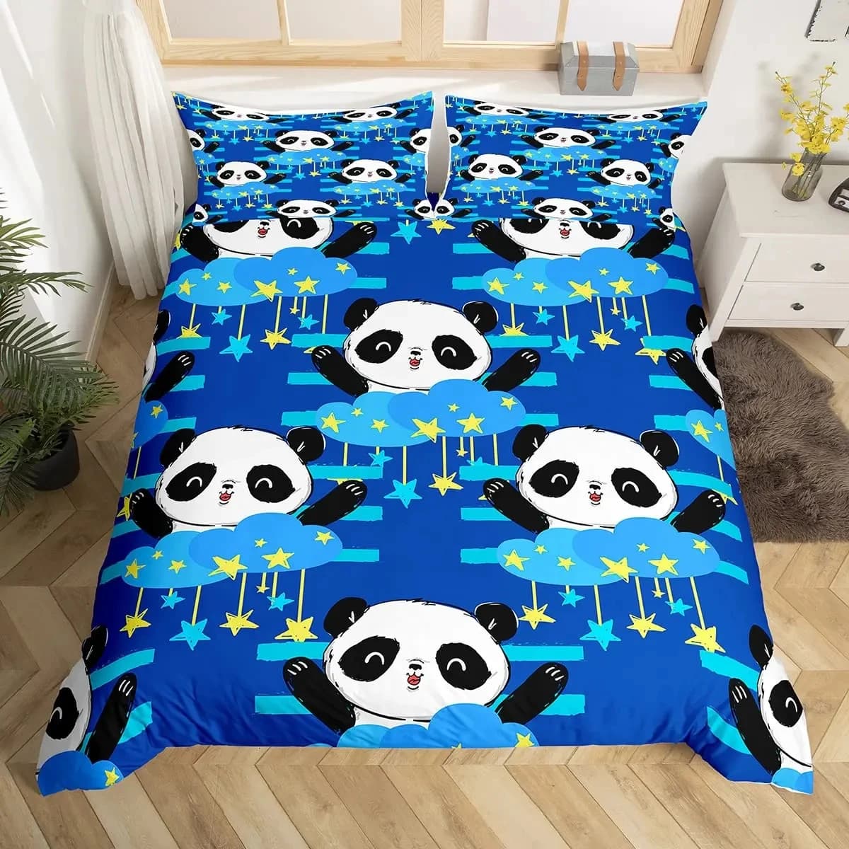 Set Copripiumino con Motivo Panda Cartoon, Misure King Twin Queen, Copripiumino Kawaii con Federe, Set Biancheria da Letto Ultra Morbido con Cielo Stellato
