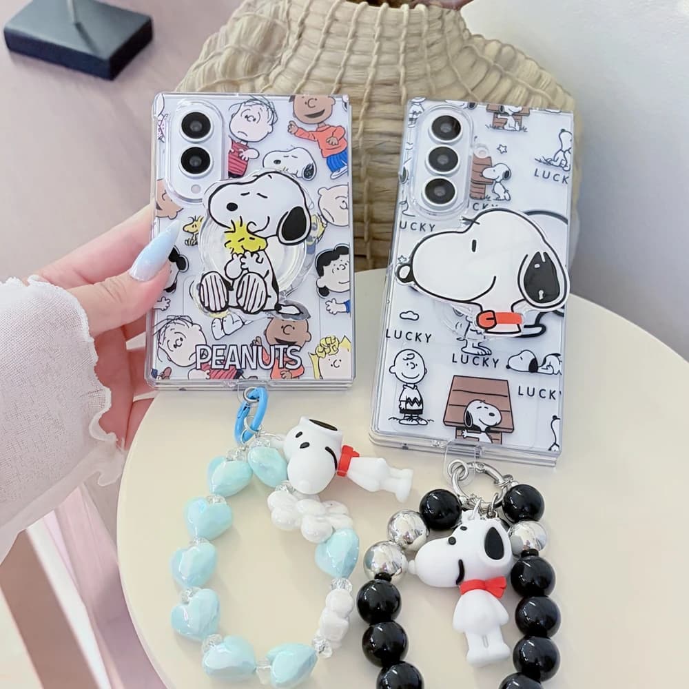 Cute Cartoon Peanuts Snoopy Charlie Brown Stand Holder Phone Case For Samsung Galaxy Z Fold 8 7 6 5 Case With Lanyard