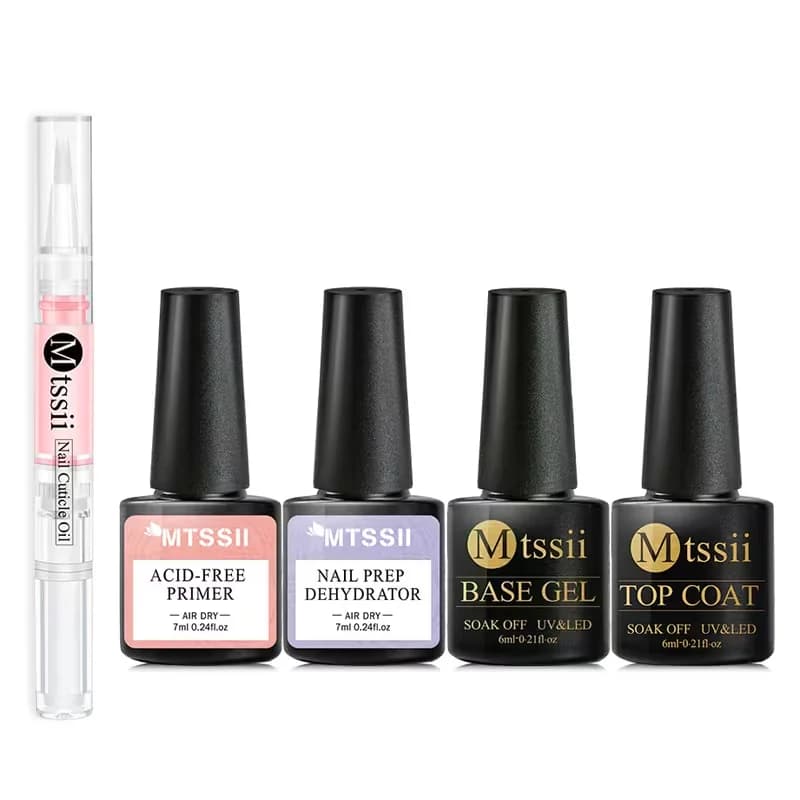 Set Completo di 5 Gel per Unghie con Primer, Deidratante, Base, Top Coat, Olio per Cuticole, UV LED, Lunga Durata, Senza HEMA/TPO
