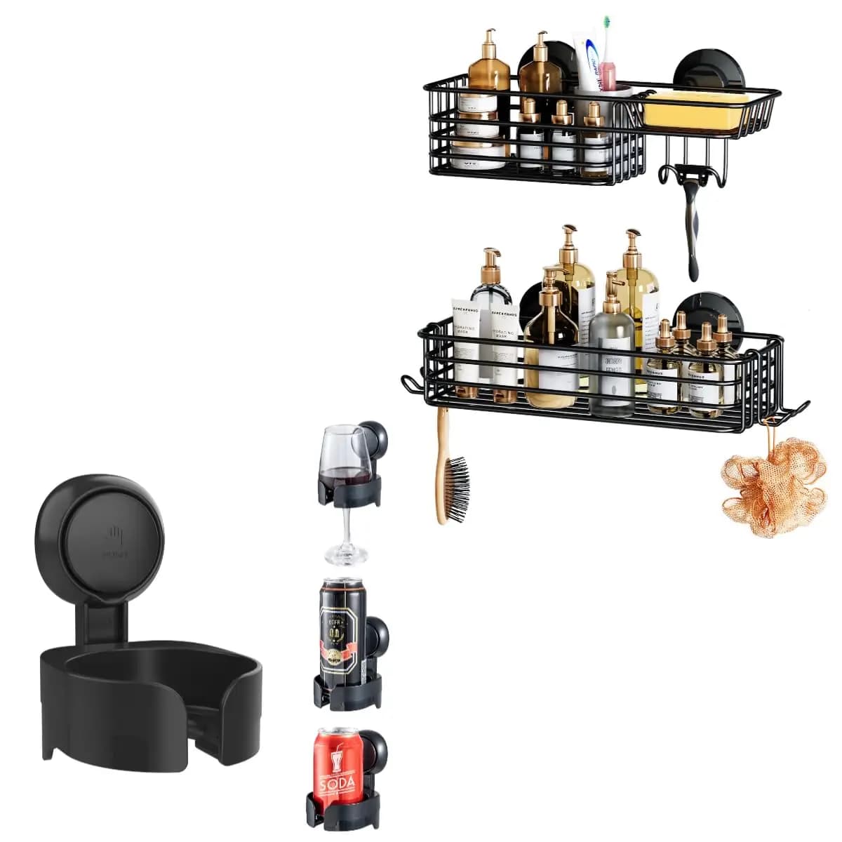 Black Suction Cup Shower Organizer With Dual Tier Shelves, Integrated Cup Holder, Hooks, And Soap Tray – No Drilling Required